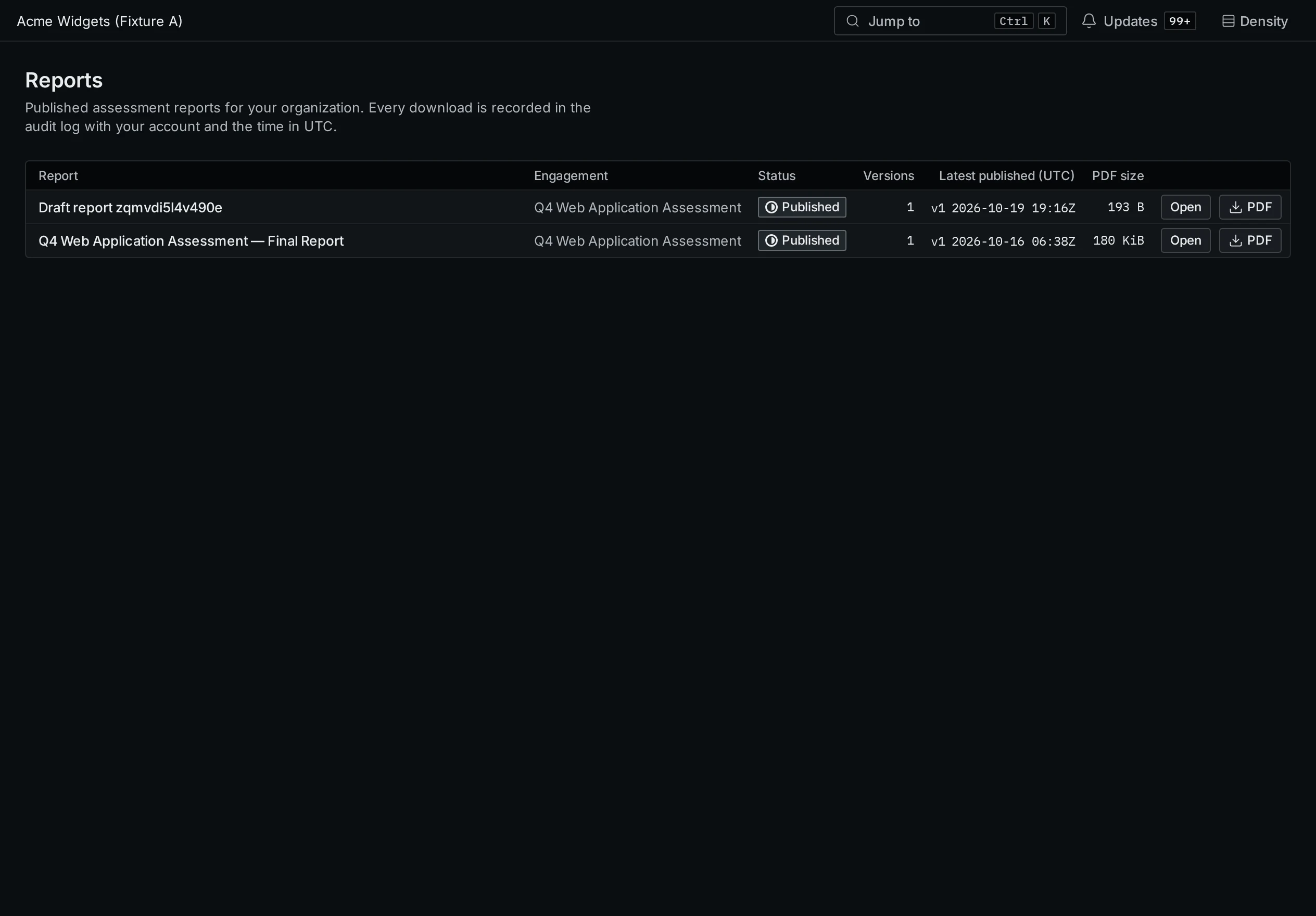 The reports list in the portal with each report, its latest version and a download.
