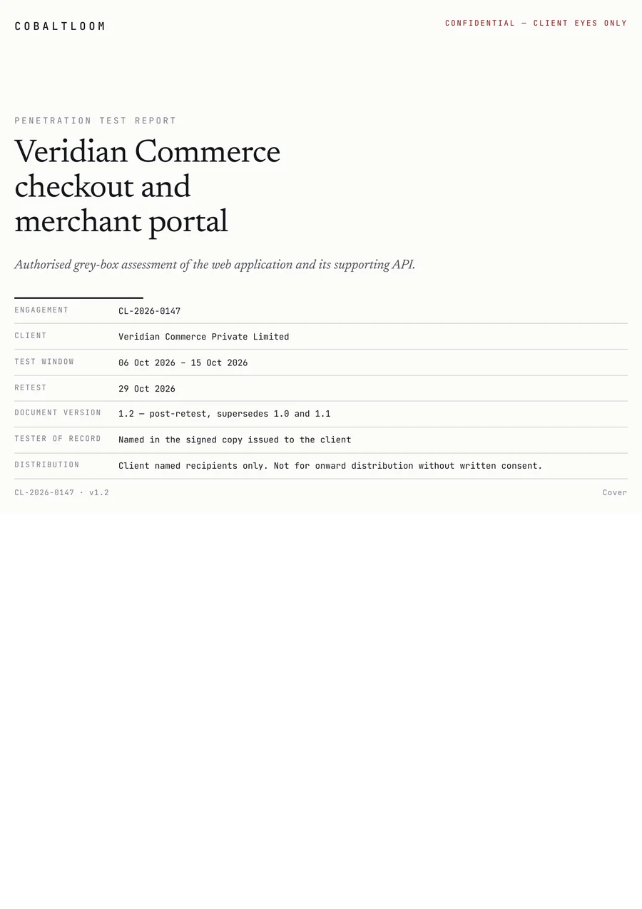 Specimen report cover page showing engagement reference, test window and document version.